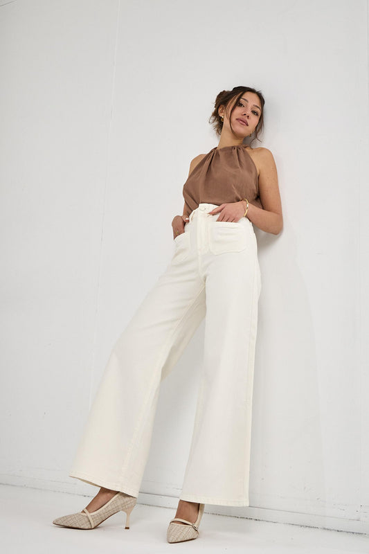 Cream square pockets detail denims