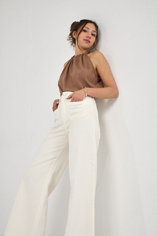 Cream square pockets detail denims