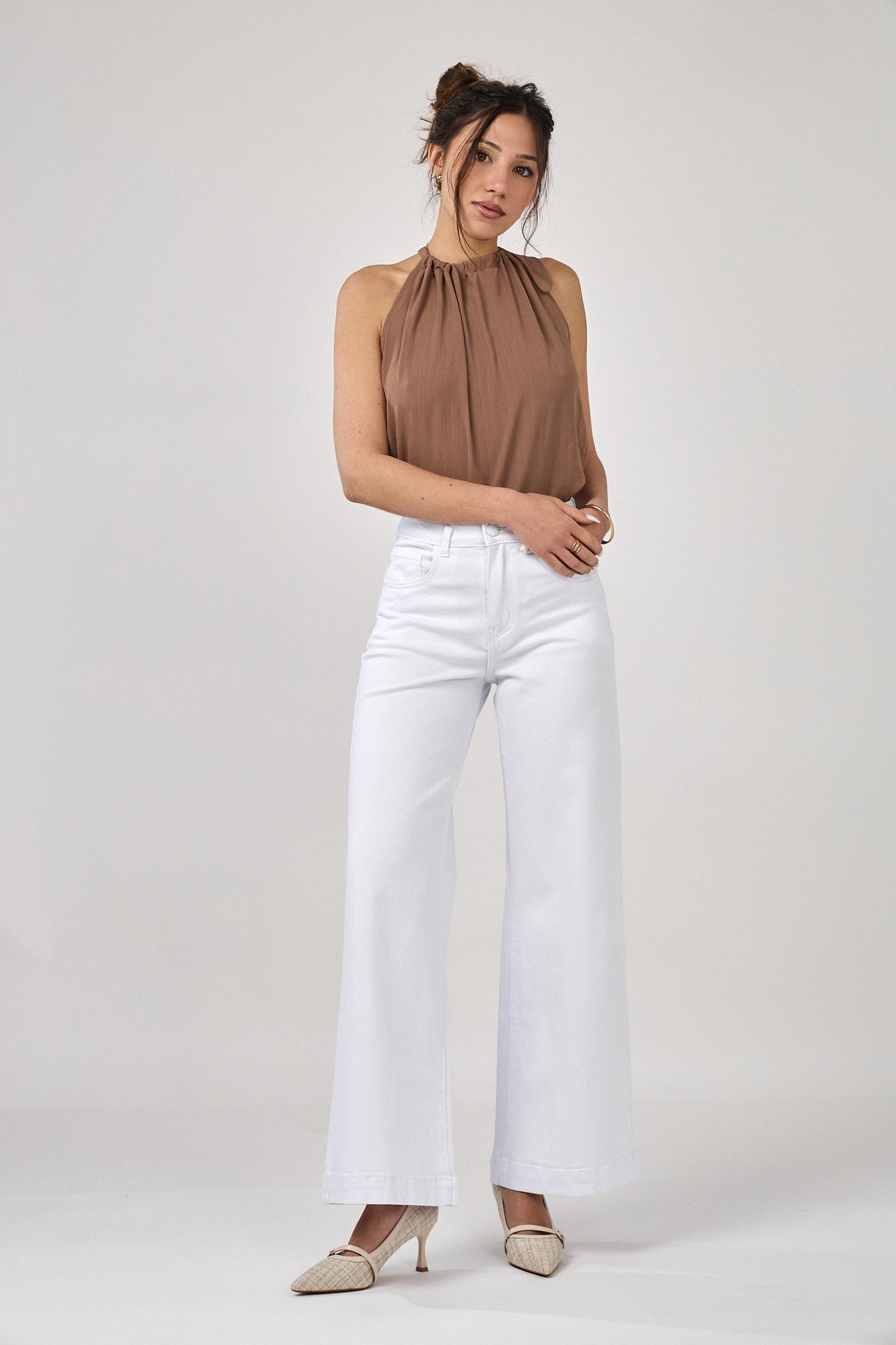White stretch wide leg denims