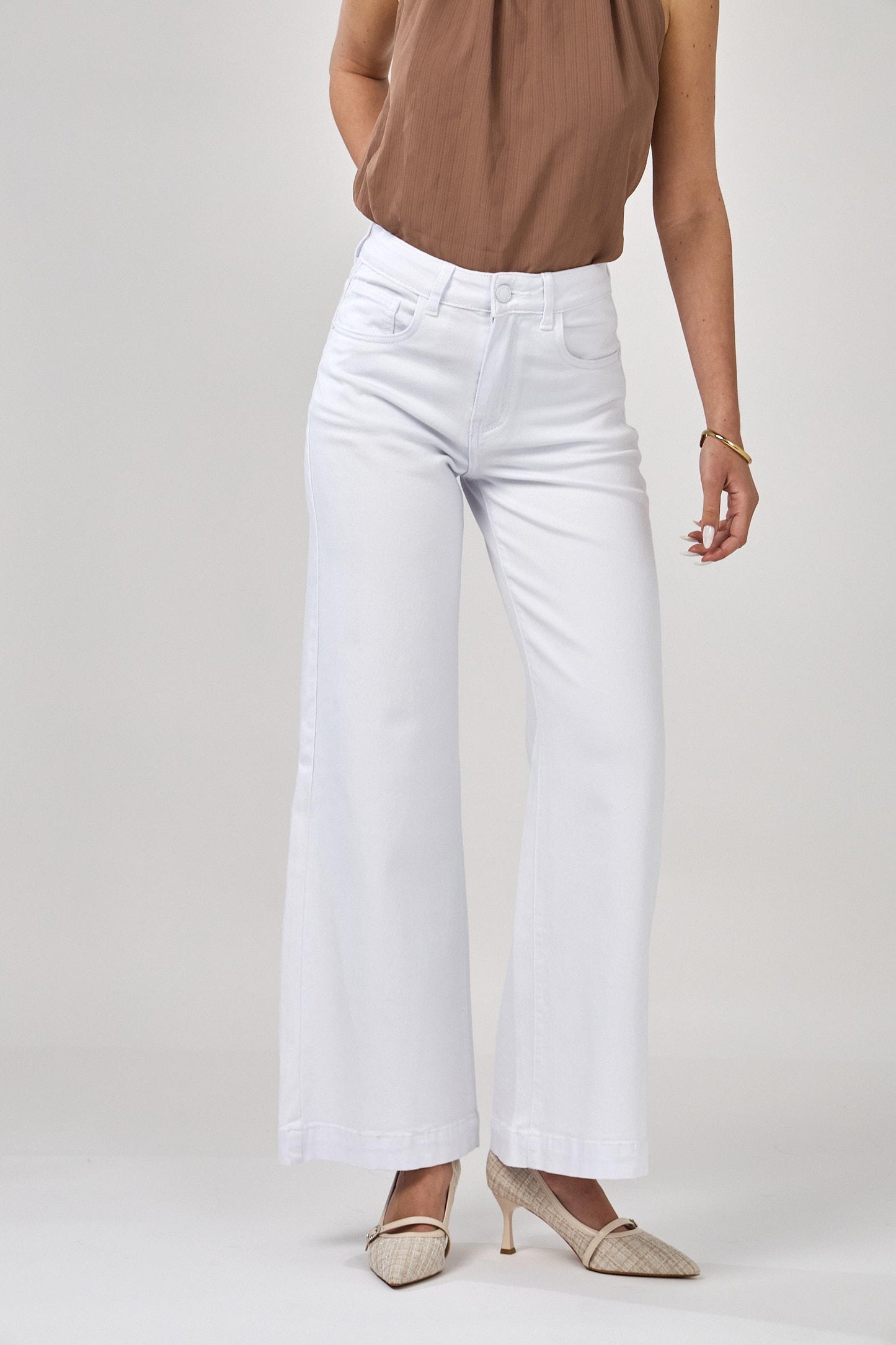 White stretch wide leg denims