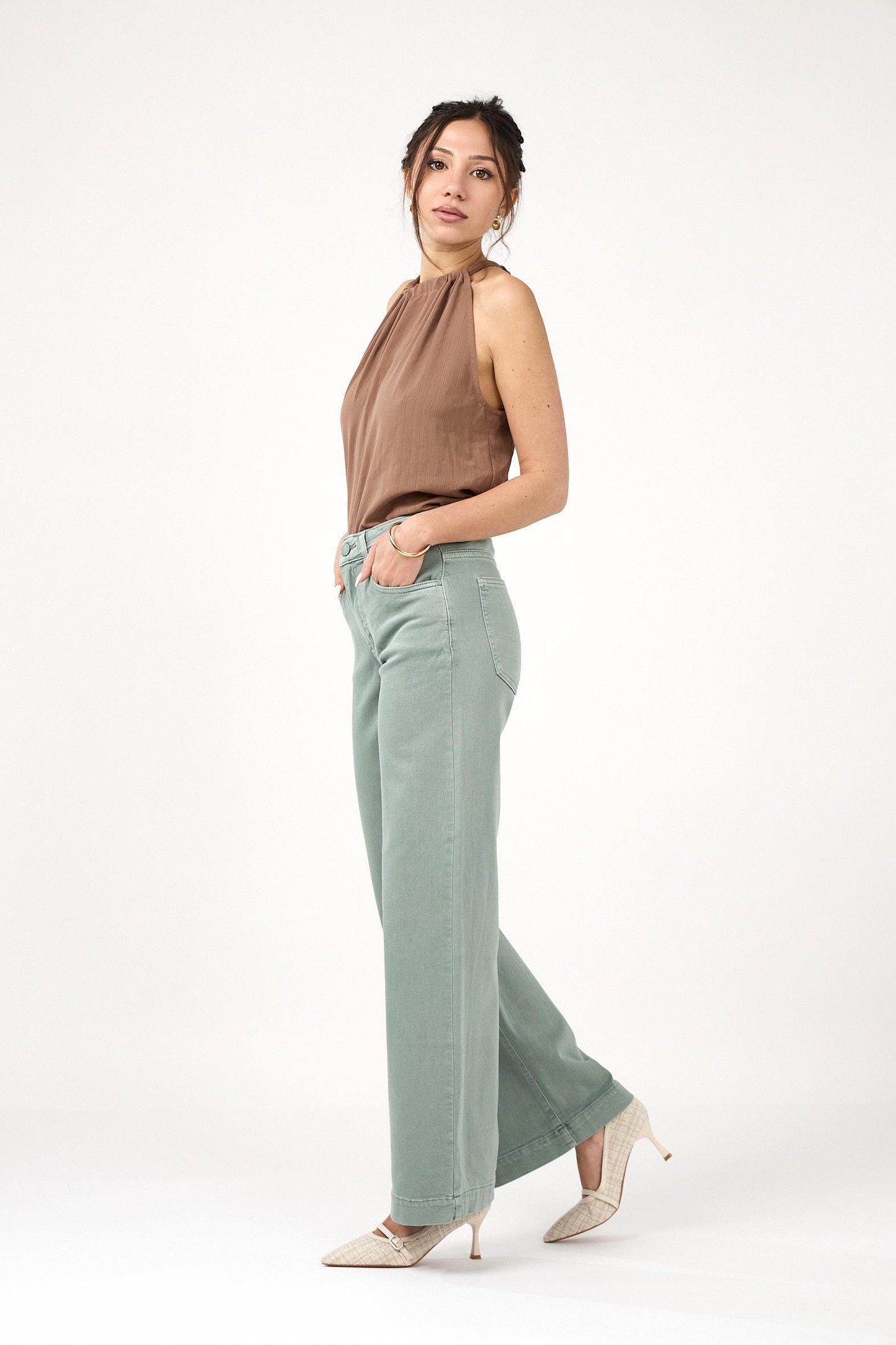 Khaki wide leg denims stretch