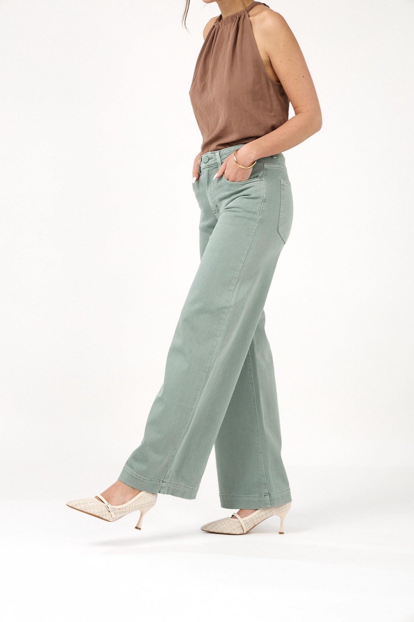 Khaki wide leg denims stretch