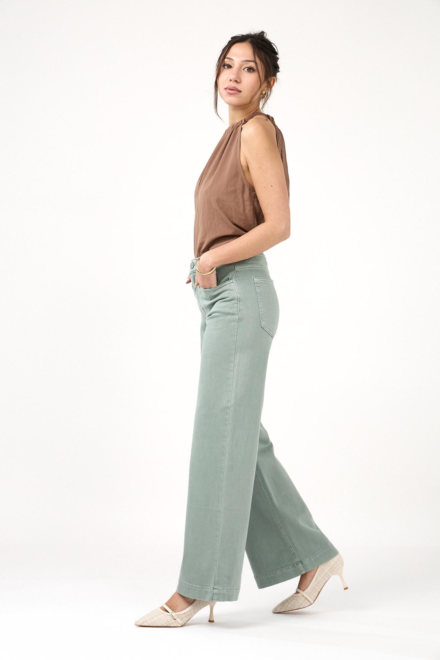 Khaki wide leg denims stretch